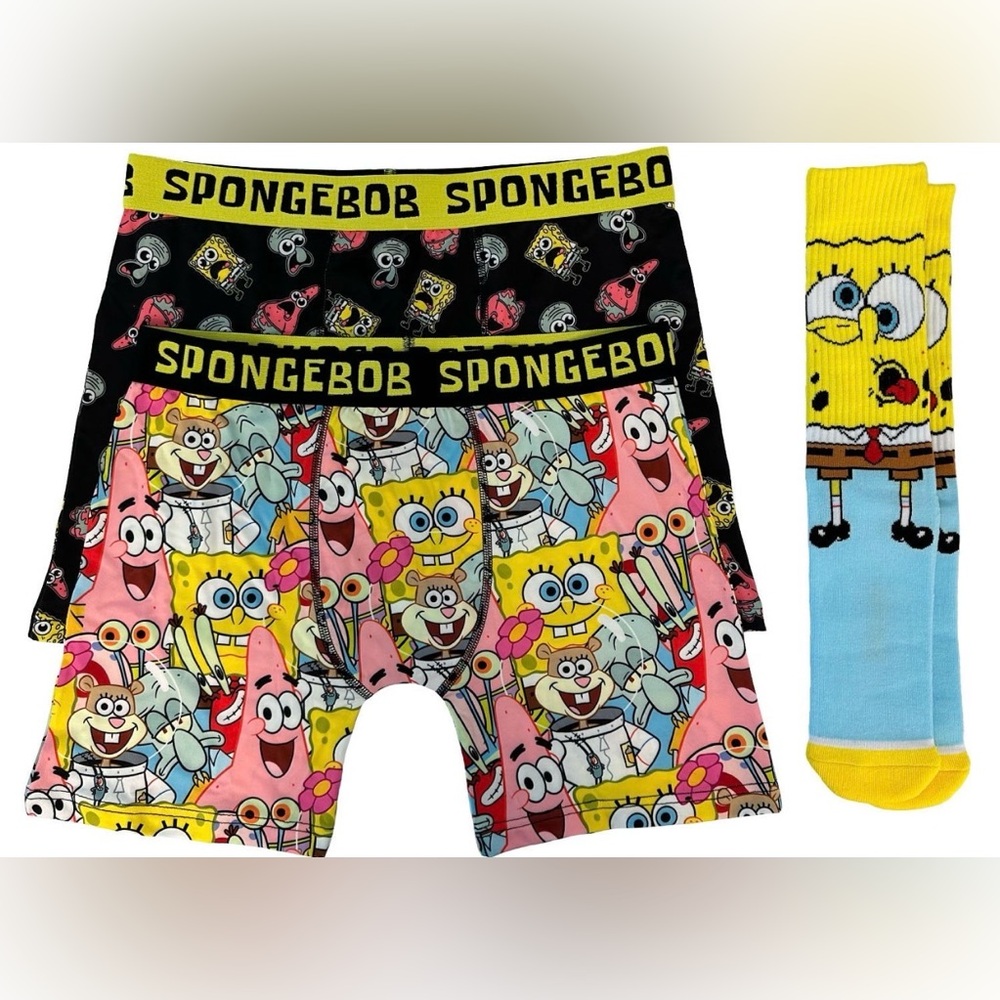 Men’s Large SpongeBob Boxer Briefs X 2 Pair & 1 Pair Of Crew Socks Brand New!